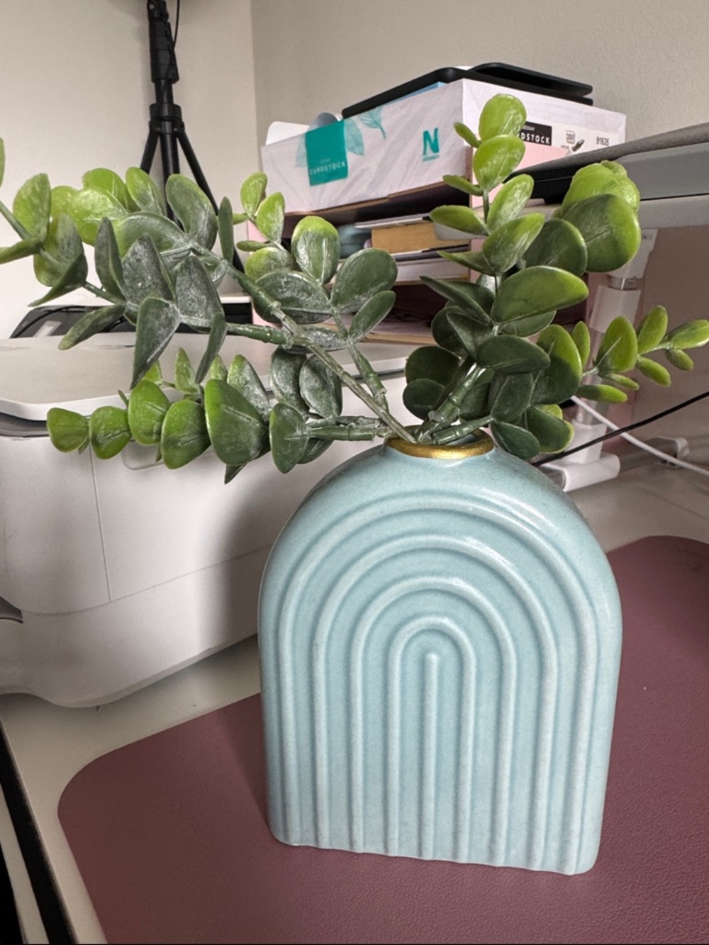Blue Ceramic Arch Vase with Faux Greenery